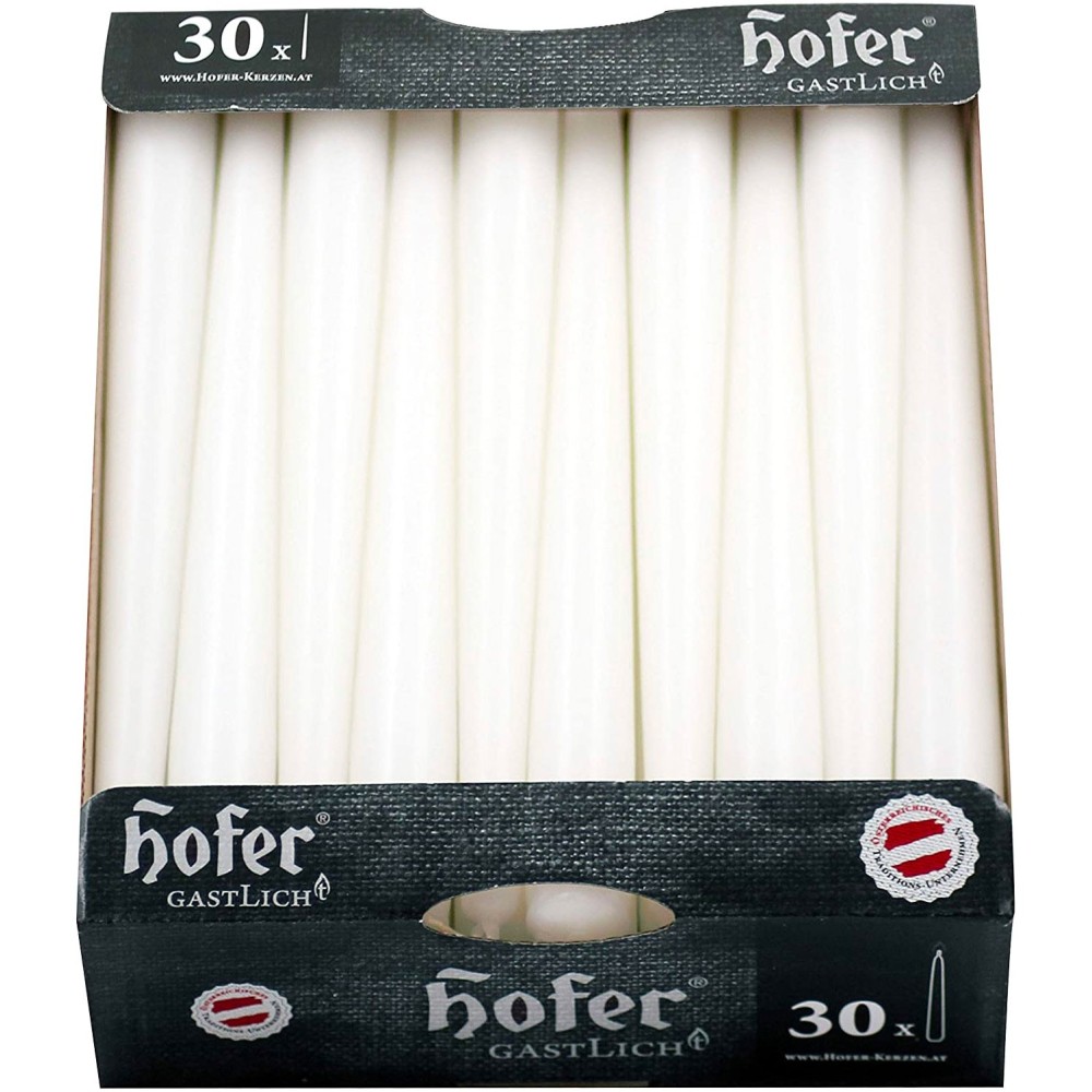 pHofer professional conical candles for candlesticks in packs of 30 White candles, burning about 7 hours, size of each candle Ø2