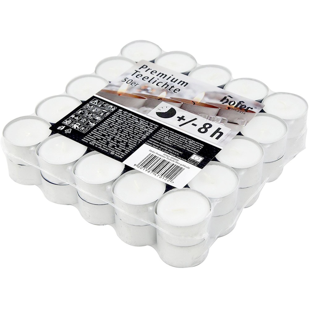 pHofer Premium Tealight mini unscented candles in packs of 50 pcs, burning 8 hours, white color. Ideal for tealight lanterns, de