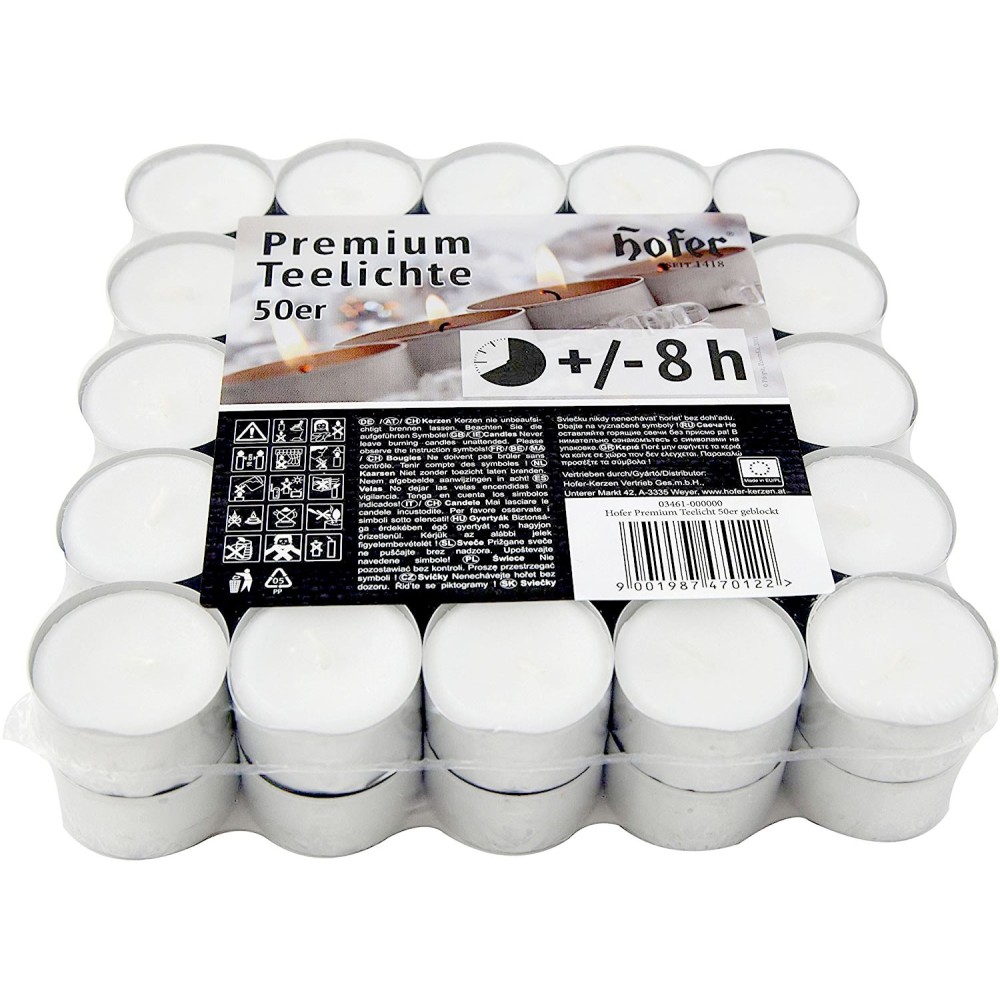 pHofer Premium Tealight mini unscented candles in packs of 50 pcs, burning 8 hours, white color. Ideal for tealight lanterns, de