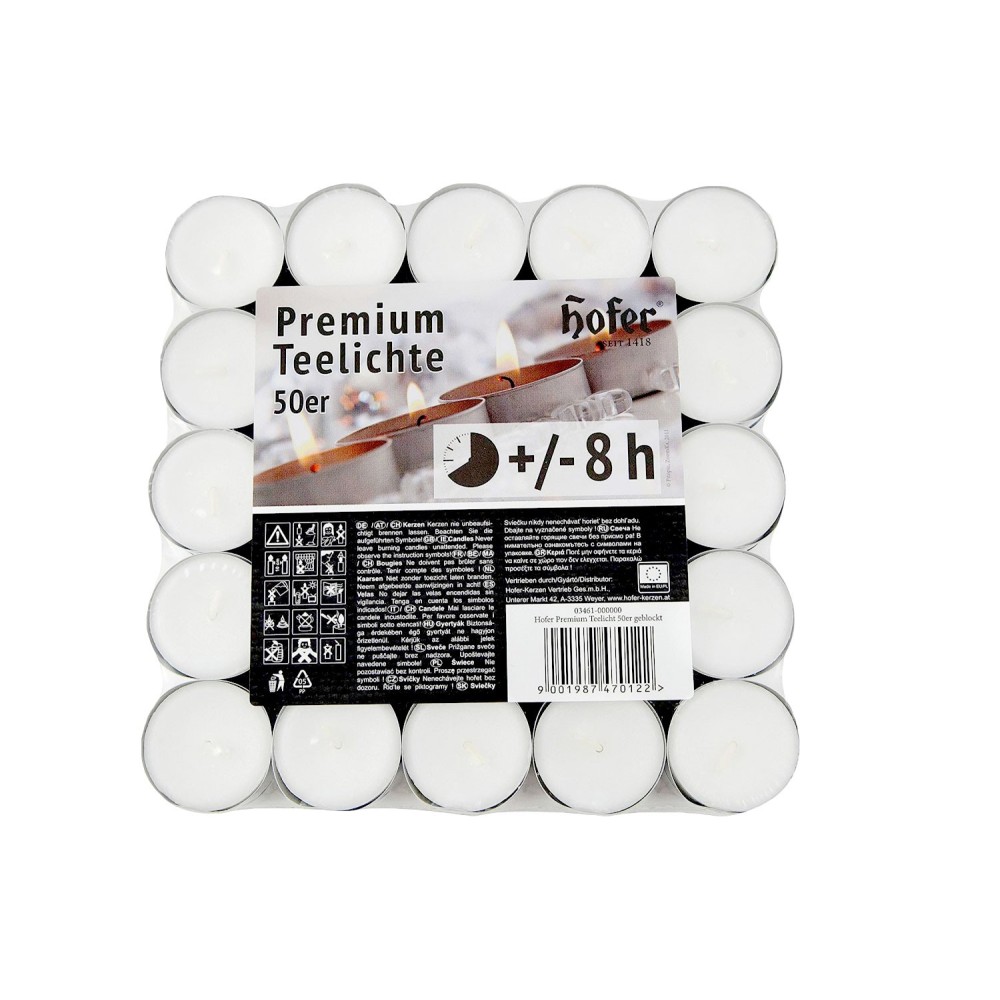 pHofer Premium Tealight mini unscented candles in packs of 50 pcs, burning 8 hours, white color. Ideal for tealight lanterns, de