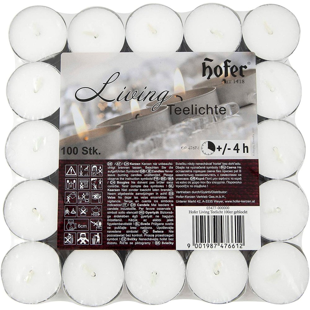 Hofer Tealight 200Pz Living 4h Candele Lumini Bianchi Non profumati