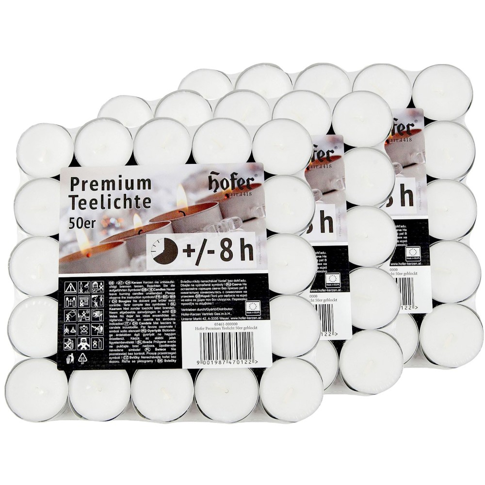 pHofer Premium Tealight mini unscented candles in packs of 150 pcs, burning 8 hours, white color. Ideal for tealight lanterns, d