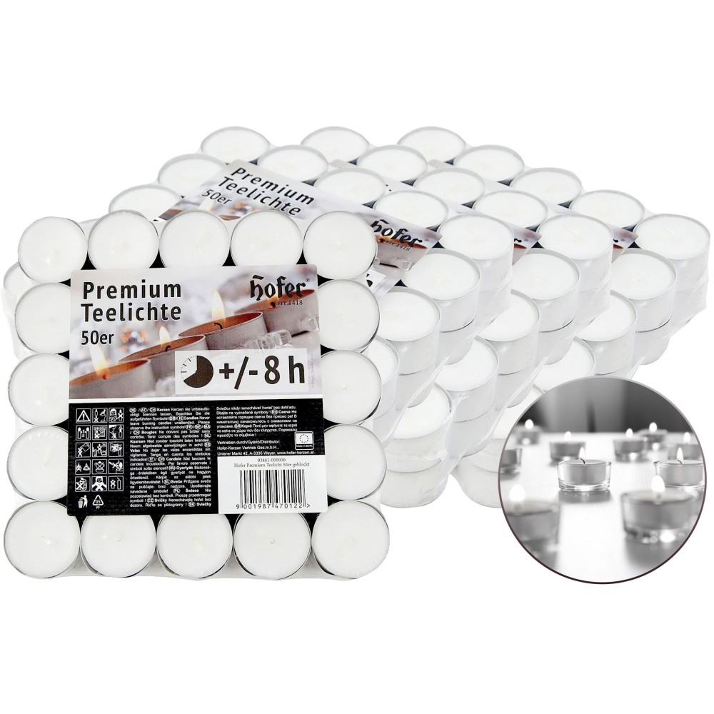 pHofer Premium Tealight mini unscented candles in packs of 200 pcs, burning 8 hours, white color. Ideal for tealight lanterns, d