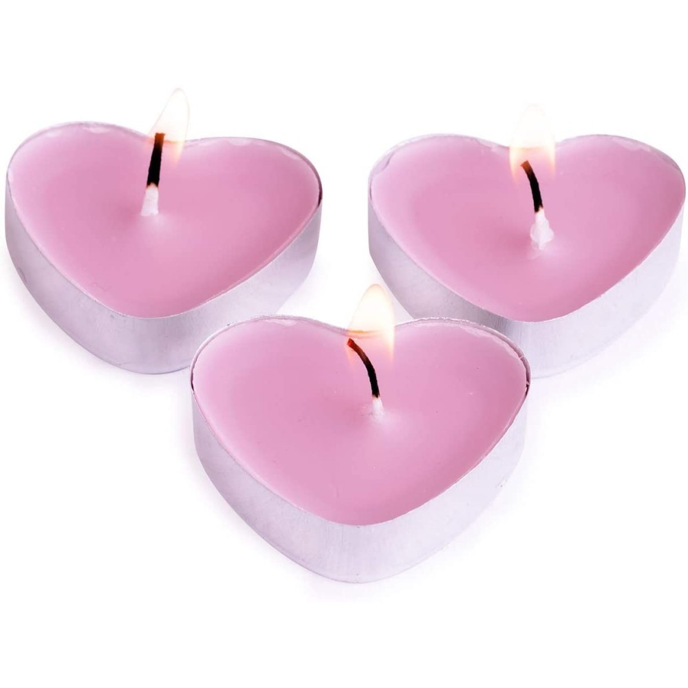 p50 romantic 'Love you' heart shaped candles with aluminum housing and plant wax. Each candle burns for about 3 hours. Pajoma 96