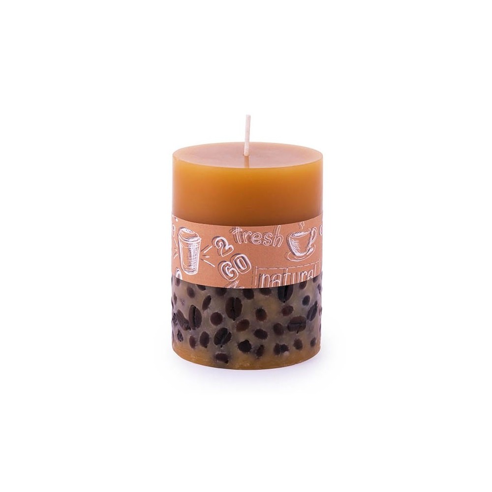 pPillar candle with coffee beans, height 100 mm, Ø73 mm. Ideal for all living rooms, corridors, kitchen, most room. Intense scen