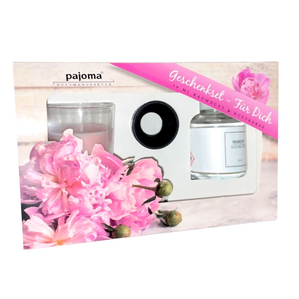 pThe gift box contains the rose scented plant candle in glass tin Ø45 mm and the rose scent diffuser with wooden sticks of 50 ml