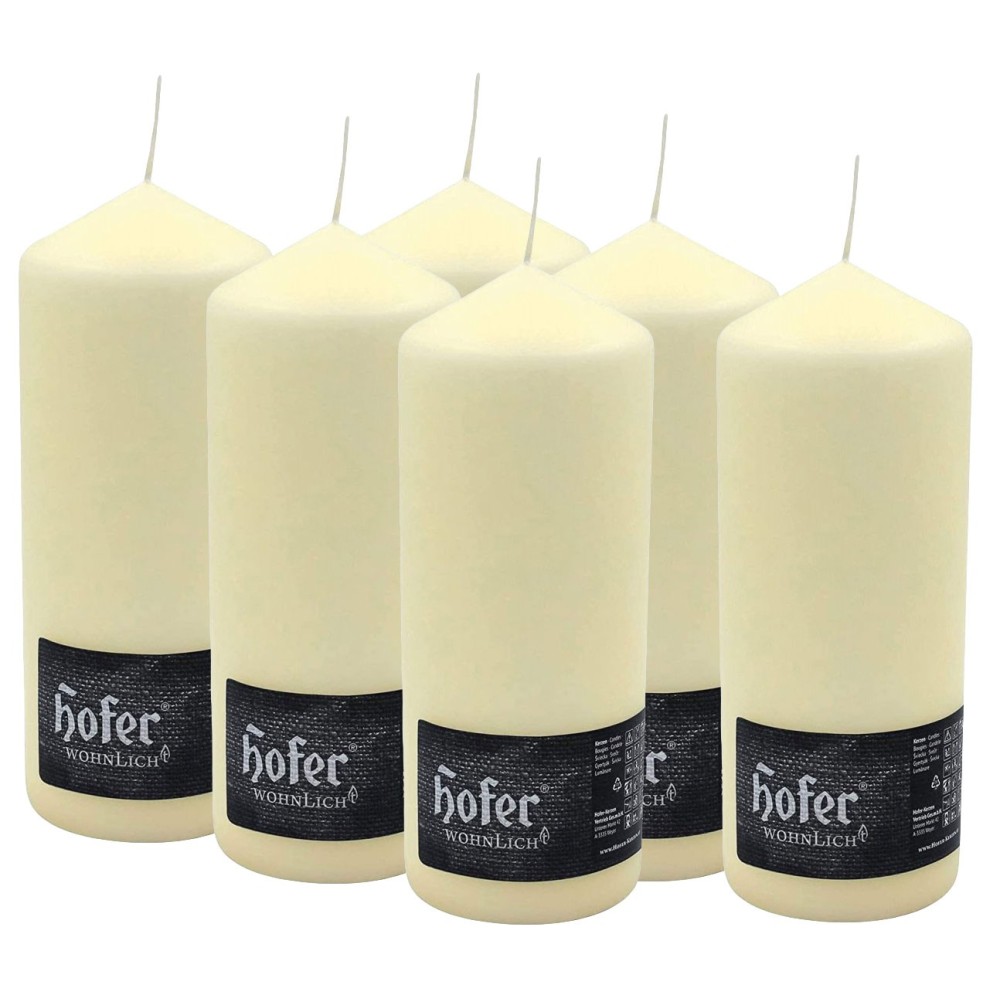 Hofer Candele Grandi Cilindriche 6x12cm Set di 6 Candele 30h Avorio