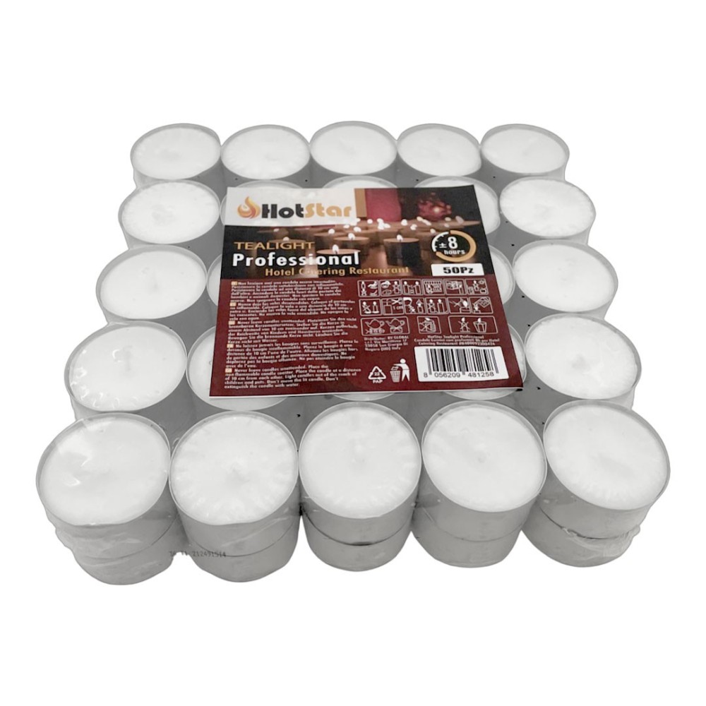 pHotStar Professional Tealight mini unscented candles in packs of 50 pcs, burning 8 hours, white color. Ideal for tealight lante