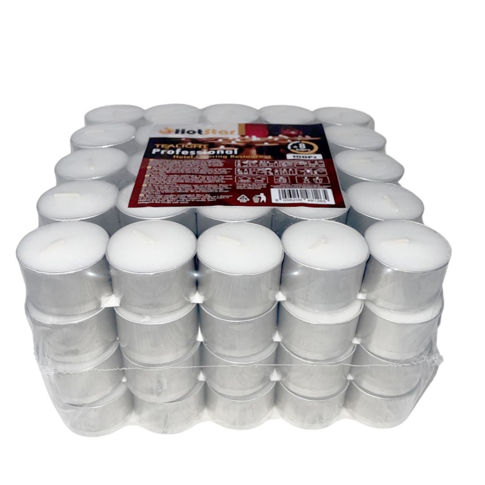 pHotStar Professional Tealight mini unscented candles in packs of 100 pcs, burning 8 hours, white color. Ideal for tealight lant